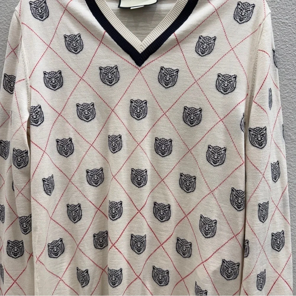 Gucci Tiger Head Sweater Size Small Argyle Pullover Authentic *small flaw*